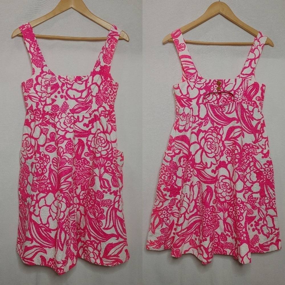 Anthropologie Vanessa Virginia Garden Party Dress Empire Waist Hot Pink‎ White 0